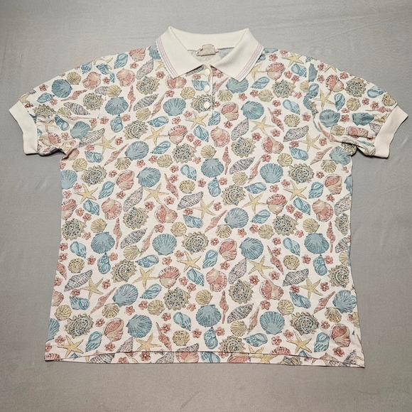 Cricket Lane Tops - Cricket Lane Polo Shirt Womens Large Cream AOP Seashell Print Vintage 80s USA
